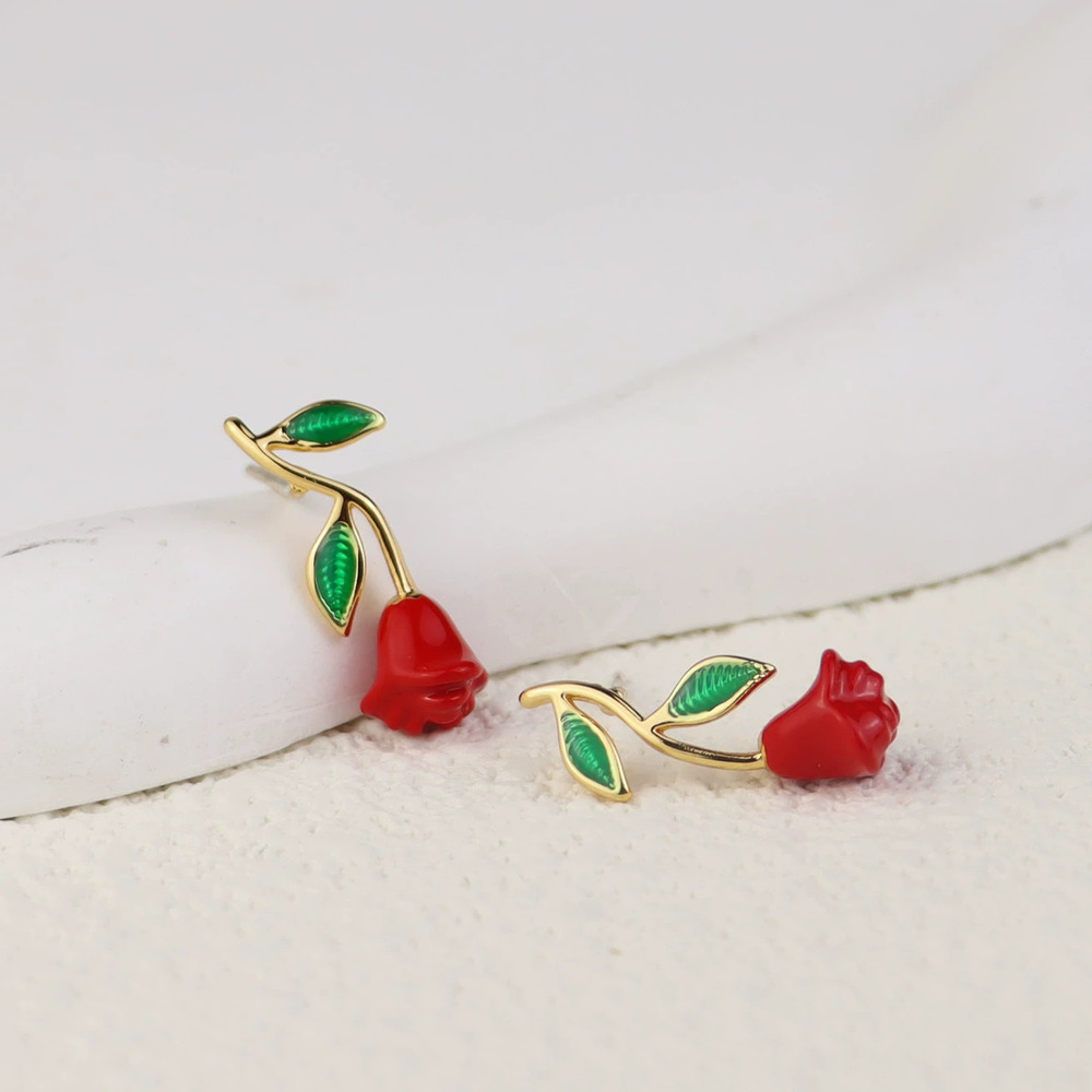 Kate SPADE Creative Qingdao Enamel Glaze Rose Earrings Green Leaf Accent